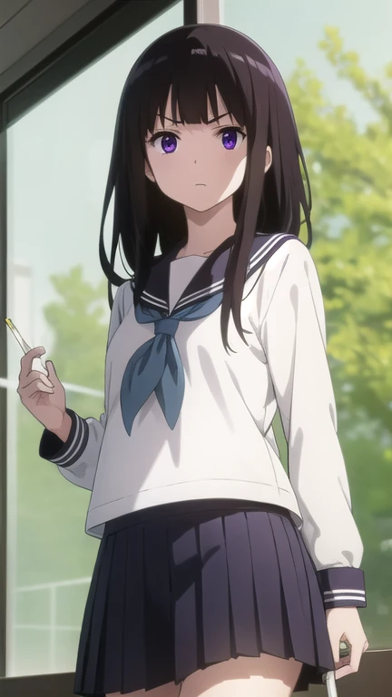 eruchitanda, eru chitanda, long hair, black hair, bangs, blunt bangs, (purple eyes:1.1), sidelocks, 
BREAK skirt, school uniform, serafuku, kamiyama high school uniform \(hyouka\), black skirt, long sleeves, black sailor collar,
BREAK indoors, classroom,
BREAK looking at viewer, (cowboy shot:1.5),
BREAK (masterpiece:1.2), best quality, high resolution, unity 8k wallpaper, (illustration:0.8), (beautiful detailed eyes:1.6), extremely detailed face, perfect lighting, extremely detailed CG, (perfect hands, perfect anatomy),(Smoking a cigarette:1.5),Cigarette smoke, A displeased expression, glaring at me