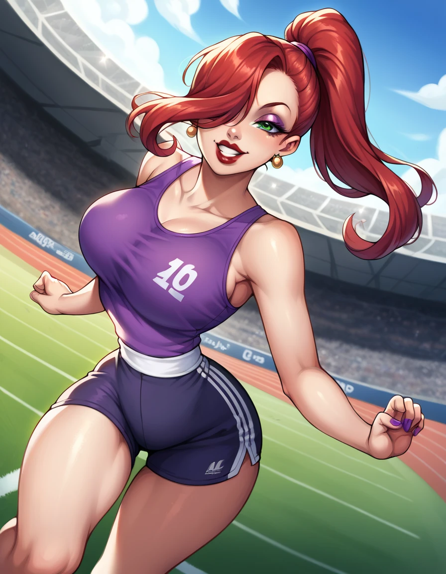 score_9, score_8_up, score_7_up, score_6_up, score_5_up, score_4_up, BREAK, source_anime, 1girl, red hair, long hair, hair over one eye, green eyes, lipstick, makeup, earrings, competition sports, (purple tank top:1.5), (large purple short:1.5), (on the track:1.5), (track and field), (running:1.5). ((action pose)), (Stadium background:1.5), Stadium full of people. Olympics. white trims, best quality, expressive eyes, short ponytail, high ponytail,, realistic BREAK 1girl, solo.  looking at viewer, dutch angle, looking up, smile, (big hips), hourglass body, happy, thigh gap, lips, red lips, lipstick,  BREAK parted lips,nail polish, ((narrow waist)), looking at viewer, thighs, indoors, 