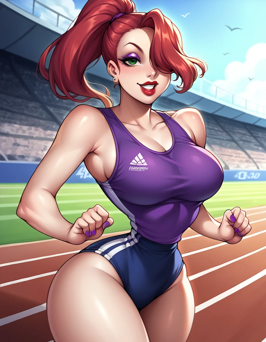 score_9, score_8_up, score_7_up, score_6_up, score_5_up, score_4_up, BREAK, source_anime, 1girl, red hair, long hair, hair over one eye, green eyes, lipstick, makeup, earrings, competition sports, (purple tank top:1.5), (large purple short:1.5), (on the track:1.5), (track and field), (running:1.5). ((action pose)), (Stadium background:1.5), Stadium full of people. Olympics. white trims, best quality, expressive eyes, short ponytail, high ponytail,, realistic BREAK 1girl, solo.  looking at viewer, dutch angle, looking up, smile, (big hips), hourglass body, happy, thigh gap, lips, red lips, lipstick,  BREAK parted lips,nail polish, ((narrow waist)), looking at viewer, thighs, indoors, 