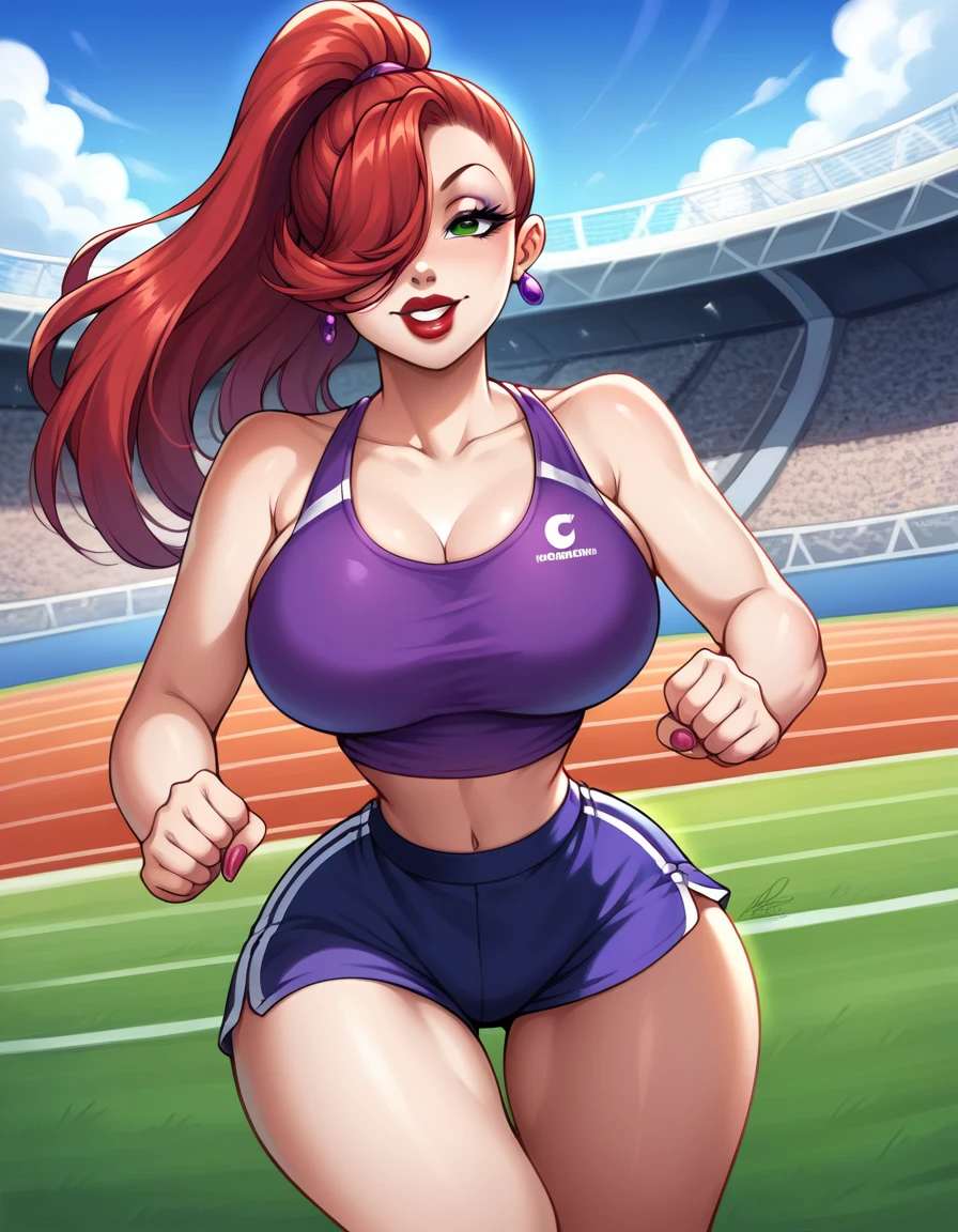 score_9, score_8_up, score_7_up, score_6_up, score_5_up, score_4_up, BREAK, source_anime, 1girl, red hair, long hair, hair over one eye, green eyes, lipstick, makeup, earrings, competition sports, (purple tank top:1.5), (large purple short:1.5), (on the track:1.5), (track and field), (running:1.5). ((action pose)), (Stadium background:1.5), Stadium full of people. Olympics. white trims, best quality, expressive eyes, short ponytail, high ponytail,, realistic BREAK 1girl, solo.  looking at viewer, dutch angle, looking up, smile, (big hips), hourglass body, happy, thigh gap, lips, red lips, lipstick,  BREAK parted lips,nail polish, ((narrow waist)), looking at viewer, thighs, indoors, 