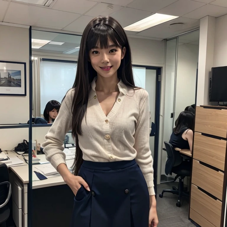 Masterpiece、8k、Very realistic、Japanese、One person、woman、Skinny athletic model body、Flat Chest、tall、Description：whole body、50 years old、(Hairstyle：Bangs(1.6))、In the office、The best smile、clothing：Wearing a navy suit and a navy skirt.(1.6)、