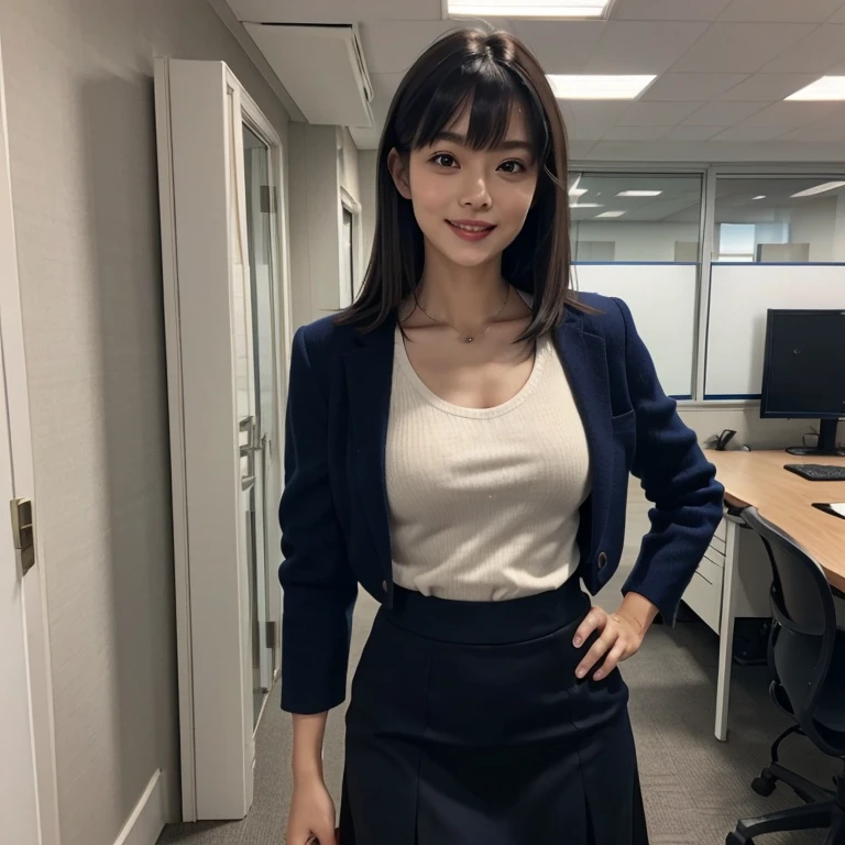 Masterpiece、8k、Very realistic、Japanese、One person、woman、Skinny athletic model body、Flat Chest、tall、Description：whole body、50 years old、(Hairstyle：Bangs(1.6))、In the office、The best smile、clothing：Wearing a navy suit and a navy skirt.(1.6)、