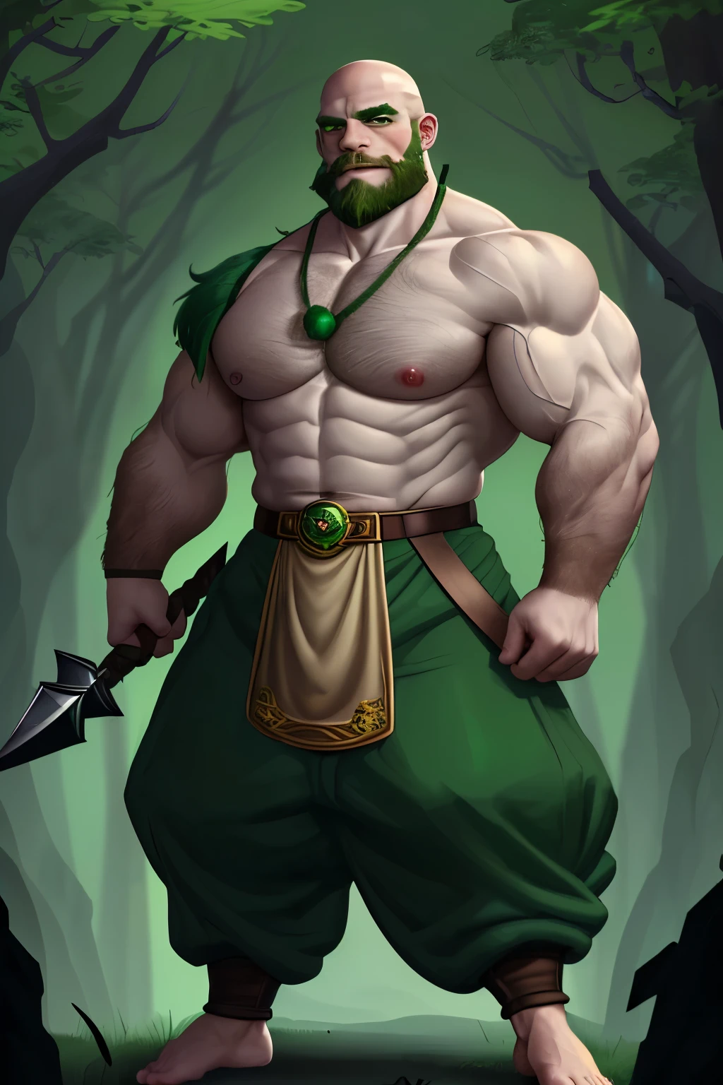 muscular dwarf man, 1.5m tall, 110kg, bald, with long green beard, thick green eyebrows, very long green mustache, emerald green eyes, wearing dark green dragon scale pants, a belt made of dragon teeth, an emerald green dragon eye medallion, a viking helmet, shirtless, barefoot, holding a war axe in each hand, standing in a forest, looking at the viewer