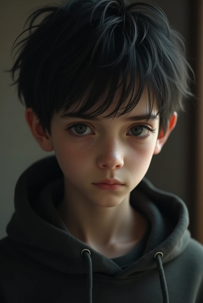 A boy with white skin tone... Little bit beard on his chin only... r... Black eyes... Little skinny... European.. black and small hair... He is always serious