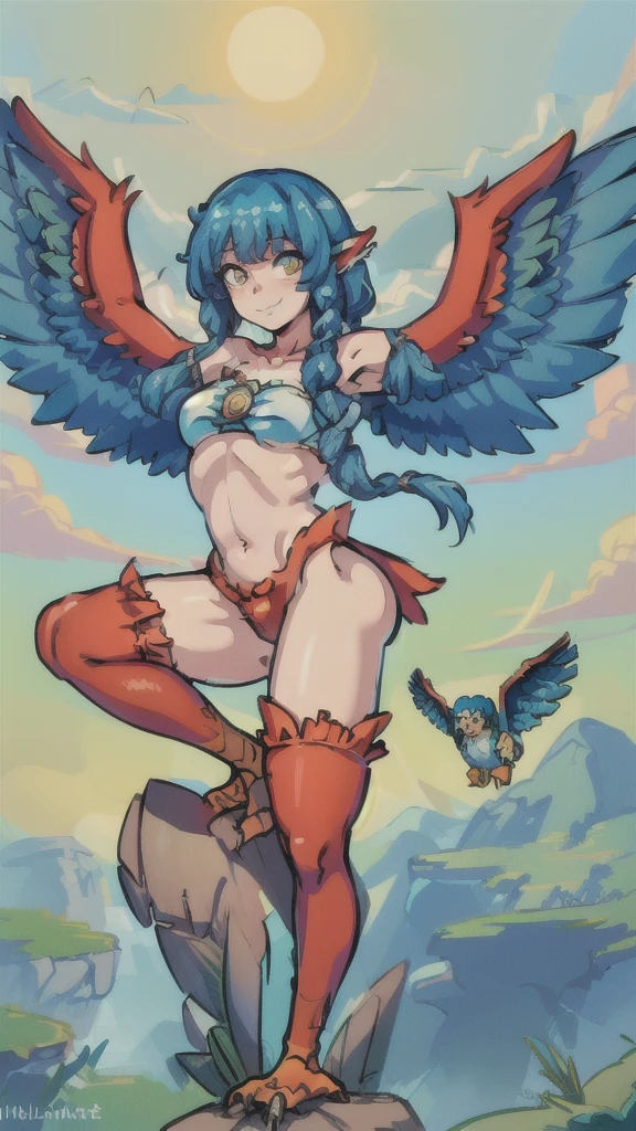 (masterpiece, best quality:1.2), solo, 1girl, trharpy, monster girl, slight smile, looking at viewer, winged arms, bird legs, blue sky, cloud 