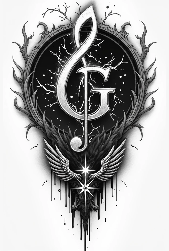 tattoo with a lightning bolt,music note G , and the phoenix star constellation , a black and white gothic and gore style