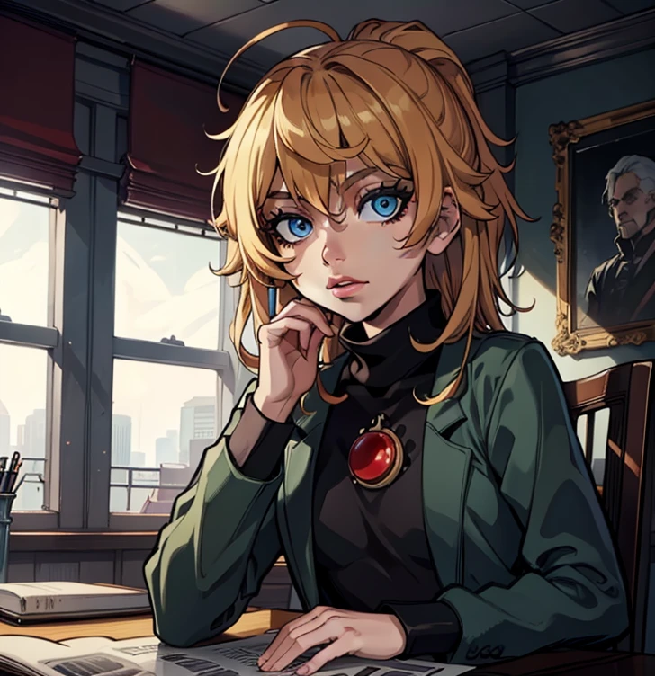 Killjoy Sitting Down at desk reading a book, (masterpiece:1.2, best quality:1.2, beautiful, high quality, highres:1.1, aesthetic), detailed, extremely detailed, ambient soft lighting, 4K, perfect eyes, perfect face, perfect lighting,