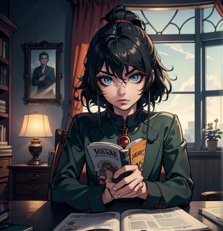 Killjoy Sitting Down at desk reading a book, (masterpiece:1.2, best quality:1.2, beautiful, high quality, highres:1.1, aesthetic), detailed, extremely detailed, ambient soft lighting, 4K, perfect eyes, perfect face, perfect lighting,