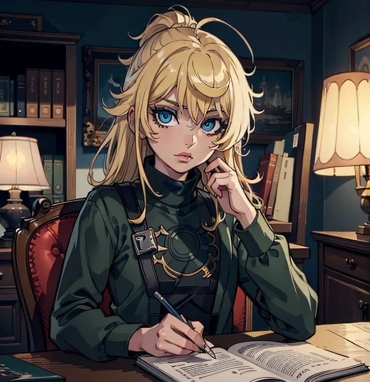Killjoy Sitting Down at desk reading a book, (masterpiece:1.2, best quality:1.2, beautiful, high quality, highres:1.1, aesthetic), detailed, extremely detailed, ambient soft lighting, 4K, perfect eyes, perfect face, perfect lighting,