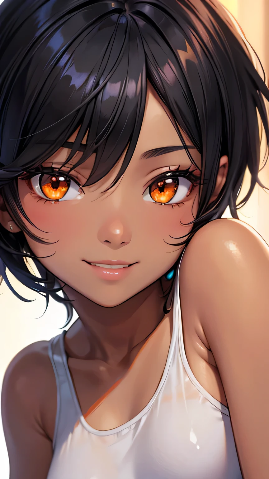 Highest quality、Realistic、male、zoom、Orange eyes、short black hair、Shiny swimwear、thin、Dark Skin、Inappropriate smile、Bedroom、Bust Shot、