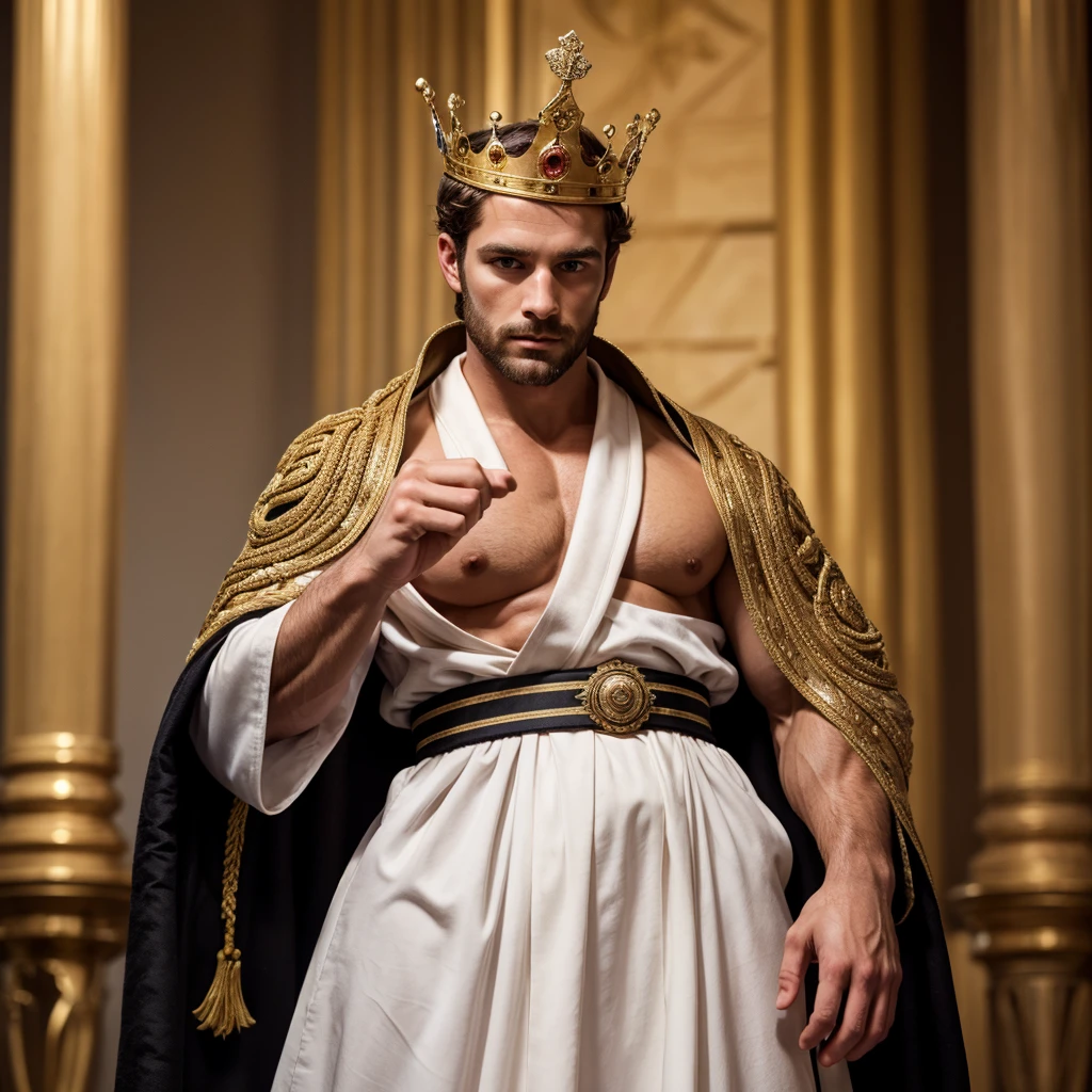 Create an image of a man in male anatomy without a face, with blurred face, without showing anything on the face, SMOOTH FACE, and with a king's crown and the robes of high nobility, well muscled to put on display in my portfolio.