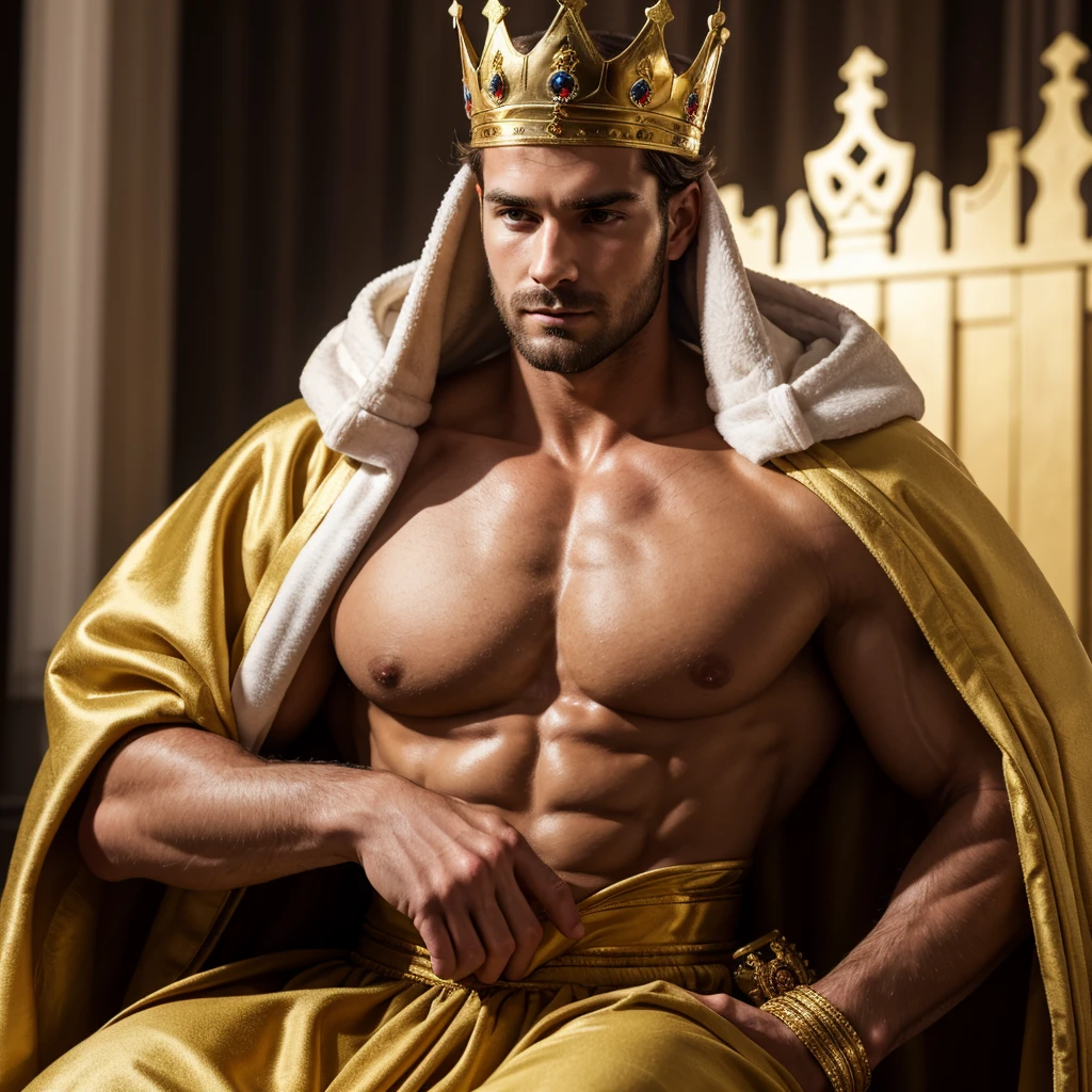 Create an image of a man in male anatomy without a face, with blurred face, without showing anything on the face, SMOOTH FACE, and with a king's crown and the robes of high nobility, well muscled to put on display in my portfolio.