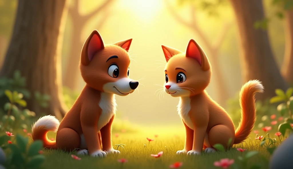 The dog and cat are sitting close together, with the dog leaning in to listen as the cat explains its situation. The background shows the forest with soft lighting, emphasizing the warmth of their interaction 3D background