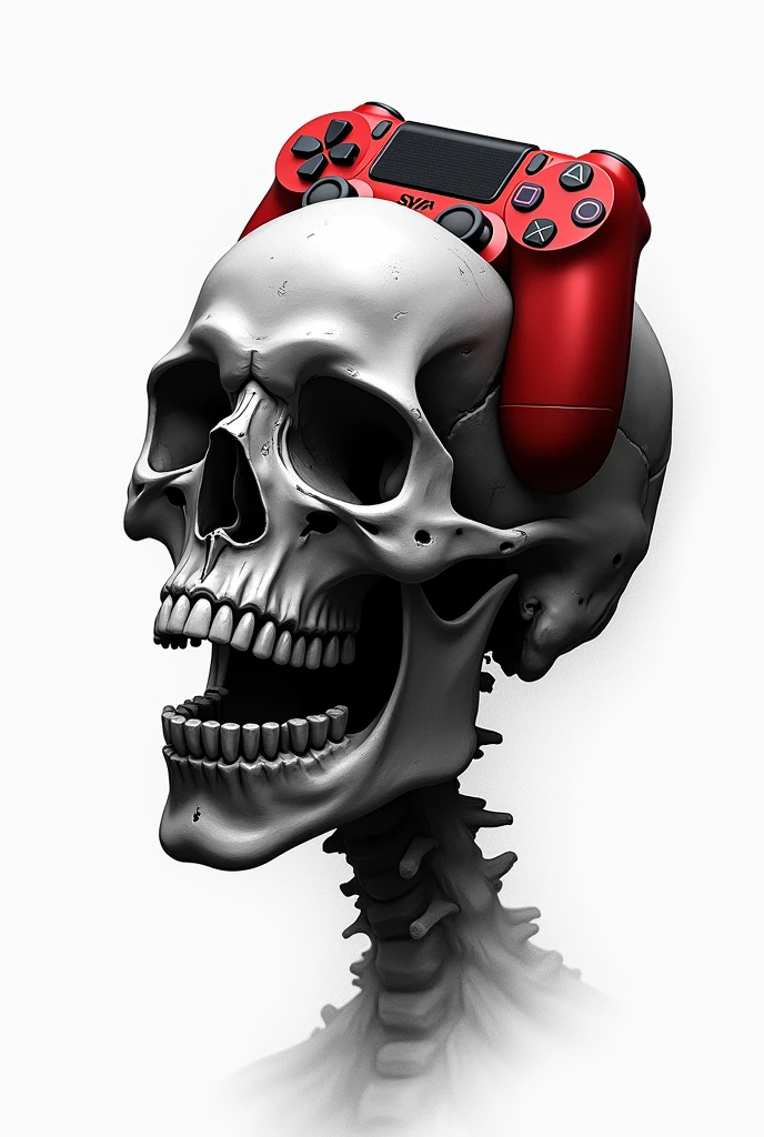 Drawing of a black and white skull with a white background featuring a red PlayStation controller breaking through the skull in the brain region.