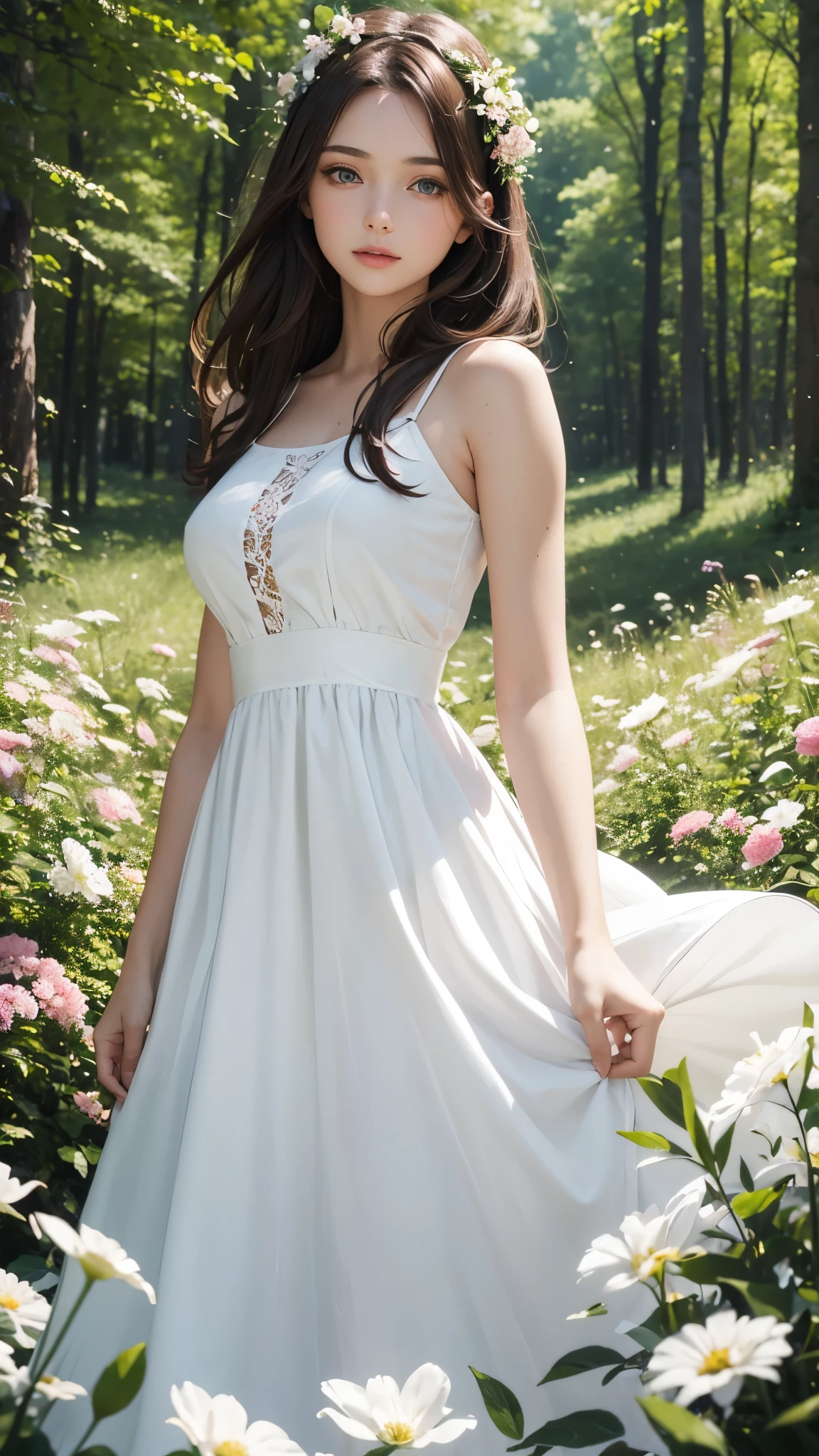 The girl in the ao dai is made of thin silk and cotton fabric., In a long, form-fitting white style、Very fine, シャツの前面の孔雀の模様はVery fineです, The girl is standing in a wonderful space with great attention to detail