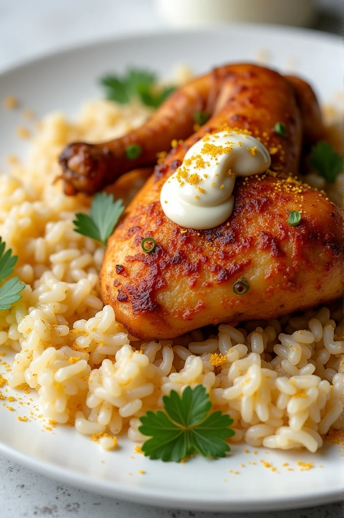 A dish with roasted chicken, rice, mayonnaise, farofa  