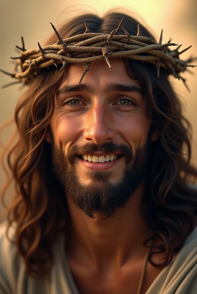 "A portrait of Jesus Christ focused only on his face, wearing the crown of thorns. He is smiling gently, with an expression of compassion and serenity. His eyes reflect peace and love, and his smile conveys a deep sense of hope and resilience, despite the crown of thorns. The soft light highlights his features and the spiritual significance of the scene."