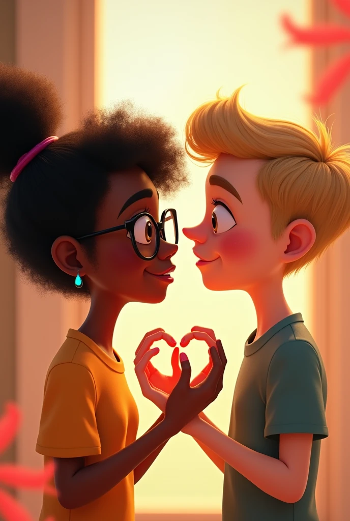  A photo where a blond boy with turquoise eyes and a brunette girl, beautiful curly hair, mixed white skin and blue eyes are talking to each other and behind a girl with brown eyes Black hair with bangs looks at them crying in au milieu d'une foule at university version pixar 2d