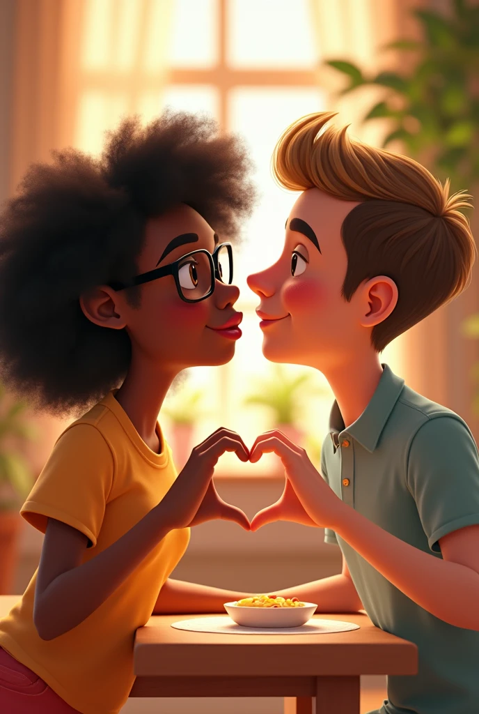 a pixar style couple, who has black square glasses, be dark-skinned, have full lips and a mole on the left cheek, tilted eyes cabello negro con mechones rubios, and the boy is white, profiled nose, shorth hair, tilted eyes, thin, pink lips, thick eyebrows, drawing a heart with your hands