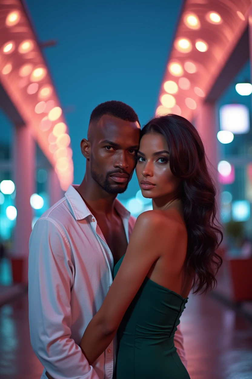 Stunning medium shot photograph of an African American couple 1 handsome black man with short fade haircut luxury black camsa, 1 beautiful Latin woman with dark skin chocolate color eyes looking at viewer emerald green color, seductive big body balanced , perfect beauty, long silky hair with waves, romantic scene, cover book art, big girl