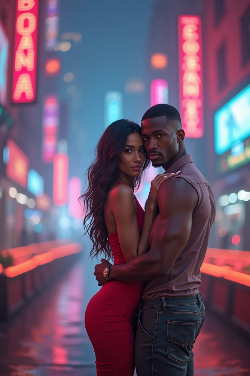 Stunning medium shot photograph of an African American couple 1 handsome black man with short fade haircut luxury black camsa, 1 beautiful Latin woman with dark skin chocolate color eyes looking at viewer emerald green color, seductive big body balanced , perfect beauty, long silky hair with waves, romantic scene, cover book art, big girl