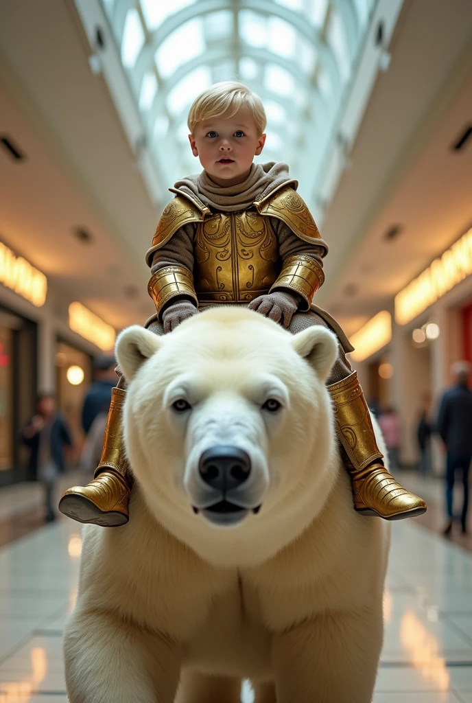 (artwork:1.2), (best quality:1.2), 8K, HDR, ultra detailed, ((photorealistic)), professional light, cinematic lighting, A 2-YEAR-OLD BABY, DRESSED IN GOLDEN MEDIEVAL ARMOR, RIDING ON TOP OF A LARGE POLAR BEAR, INSIDE A MALL, Super Detail, high details, high quality, best quality, high resolution, high definition, 4K, 8K, 16k, sharp