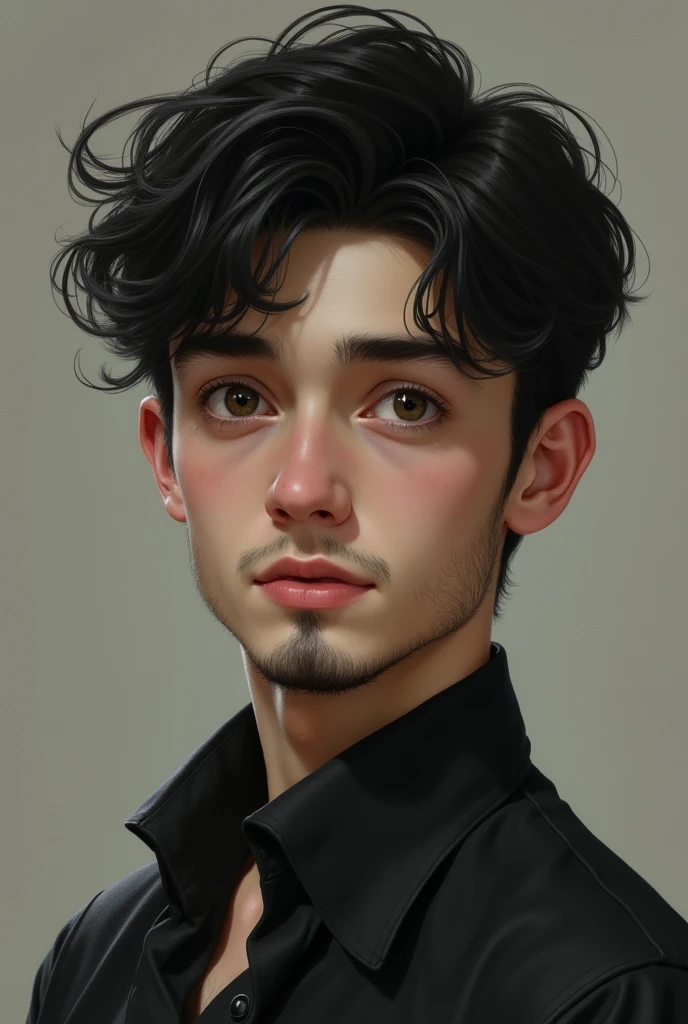 A boy with white skin tone... Little bit beard on his chin only... Teenager in 20... Black eyes... Little skinny... European.. black and small hair... He is always serious