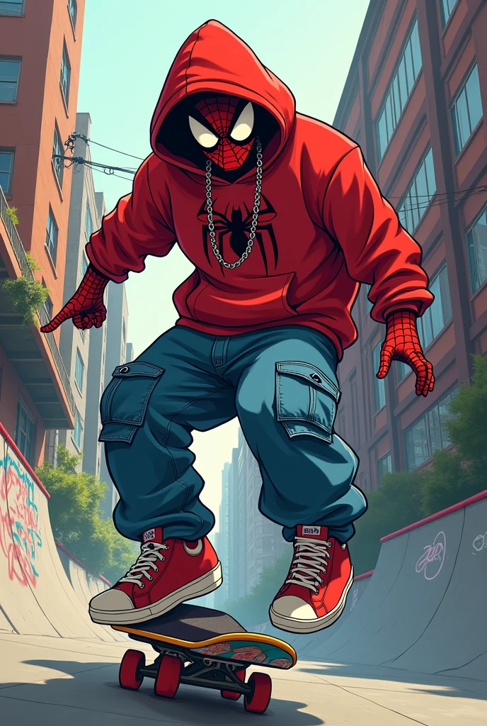 Spiderman in baggy gangstar style skater outfit, com um skate, artwork style: cartoon