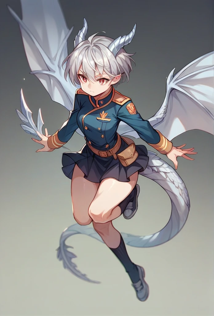 pretty girl,Military uniform,mini skirt,Silver short hair,Silver Dragon Horn,Silver Dragon Wings,Silver Dragon&#39;s Tail,Put a sword on your waist,Bad Smile,Black long boots,Town,full body,Snowfield landscape,Snow is falling,