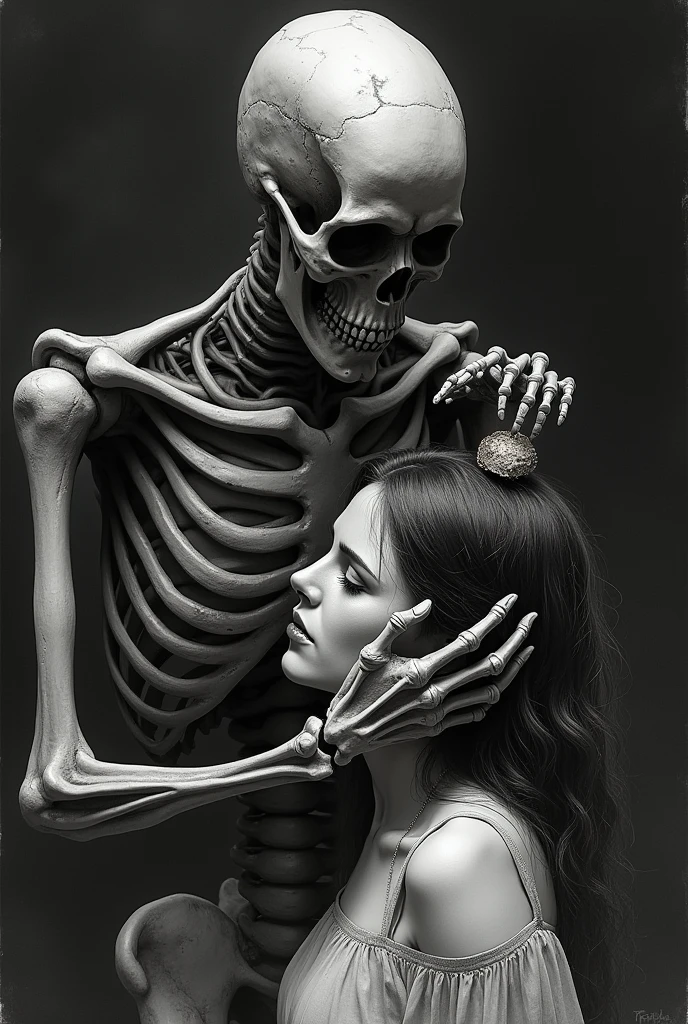 A skeleton placing his own jawbone on a woman as a crown 