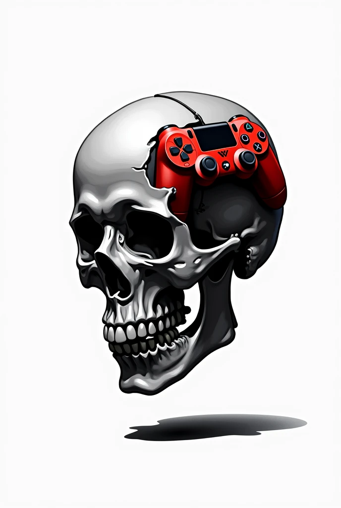 Drawing of a black and white skull with a white background featuring a red PlayStation controller breaking through the skull in the brain region.