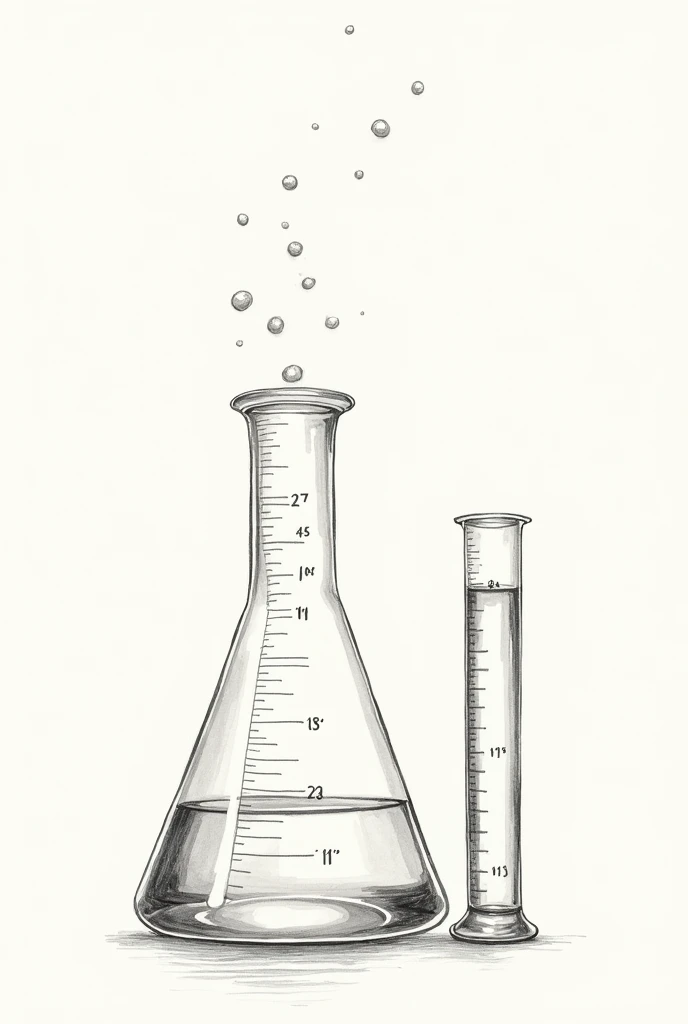 Generate a drawing that looks like it was hand-drawn with a pen, the graduated cylinder glassware, a graduated cylindrical flask