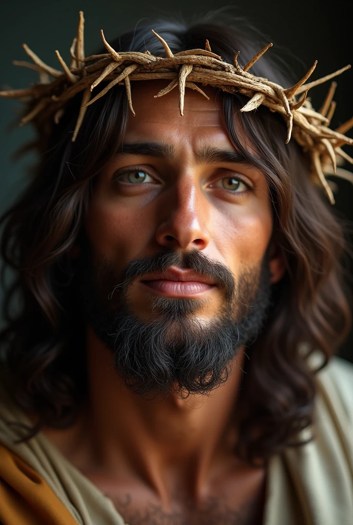 "A portrait of Jesus Christ focused only on his face, wearing the crown of thorns. He is smiling gently, with an expression of compassion and serenity. His eyes reflect peace and love, and his smile conveys a deep sense of hope and resilience, despite the crown of thorns. The soft light highlights his features and the spiritual significance of the scene."