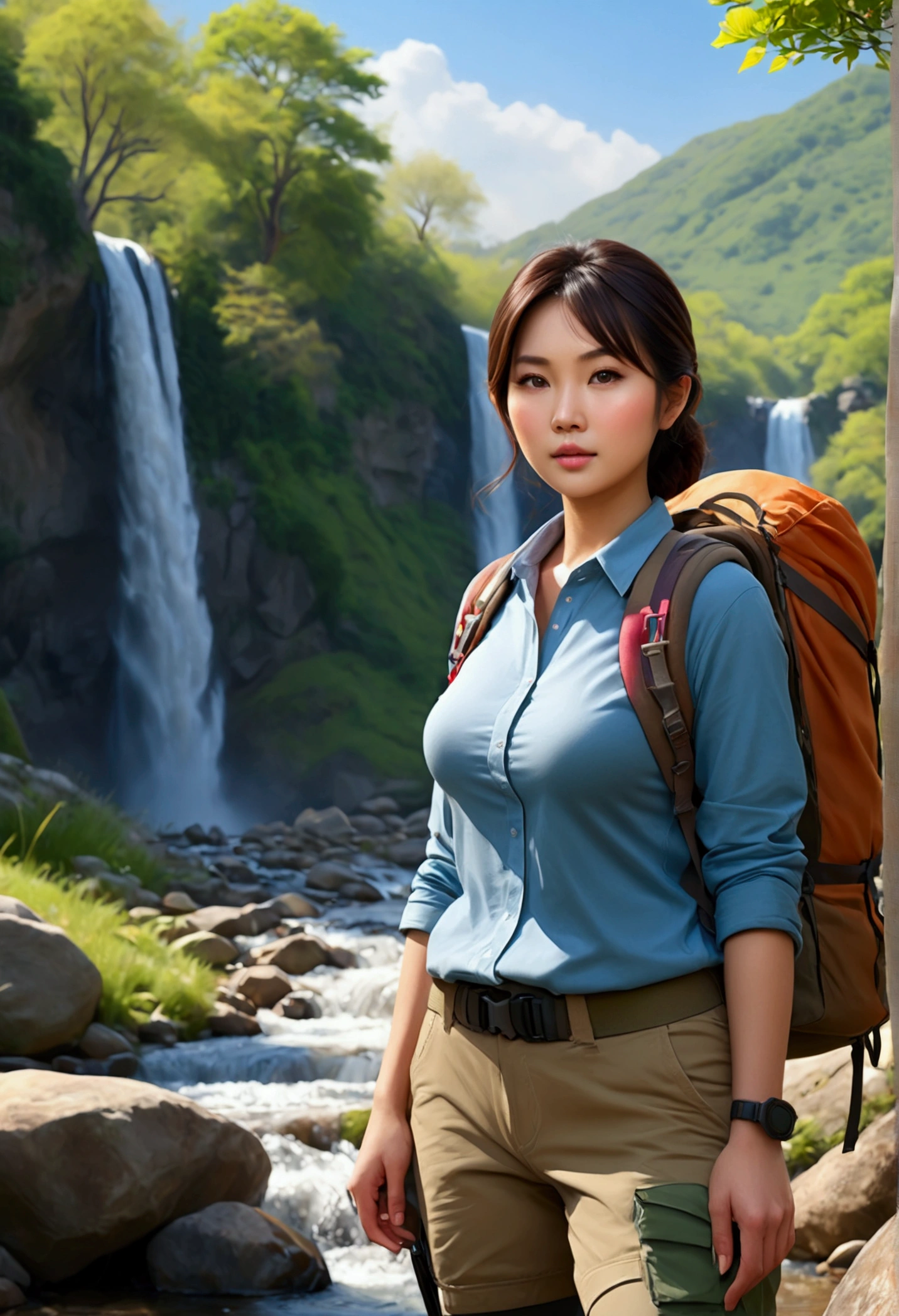 (beautiful young asian woman,beautiful woman with fair skin,woman with large breasts,woman in hiking gear,elderly man,elderly man as hunter,by a stream,beautiful waterfall,best quality,4k,8k,highres,masterpiece:1.2,ultra-detailed,realistic,photorealistic,photo-realistic:1.37,HDR,UHD,studio lighting,ultra-fine painting,sharp focus,physically-based rendering,extreme detail description,professional,vivid colors,bokeh,landscape,nature)