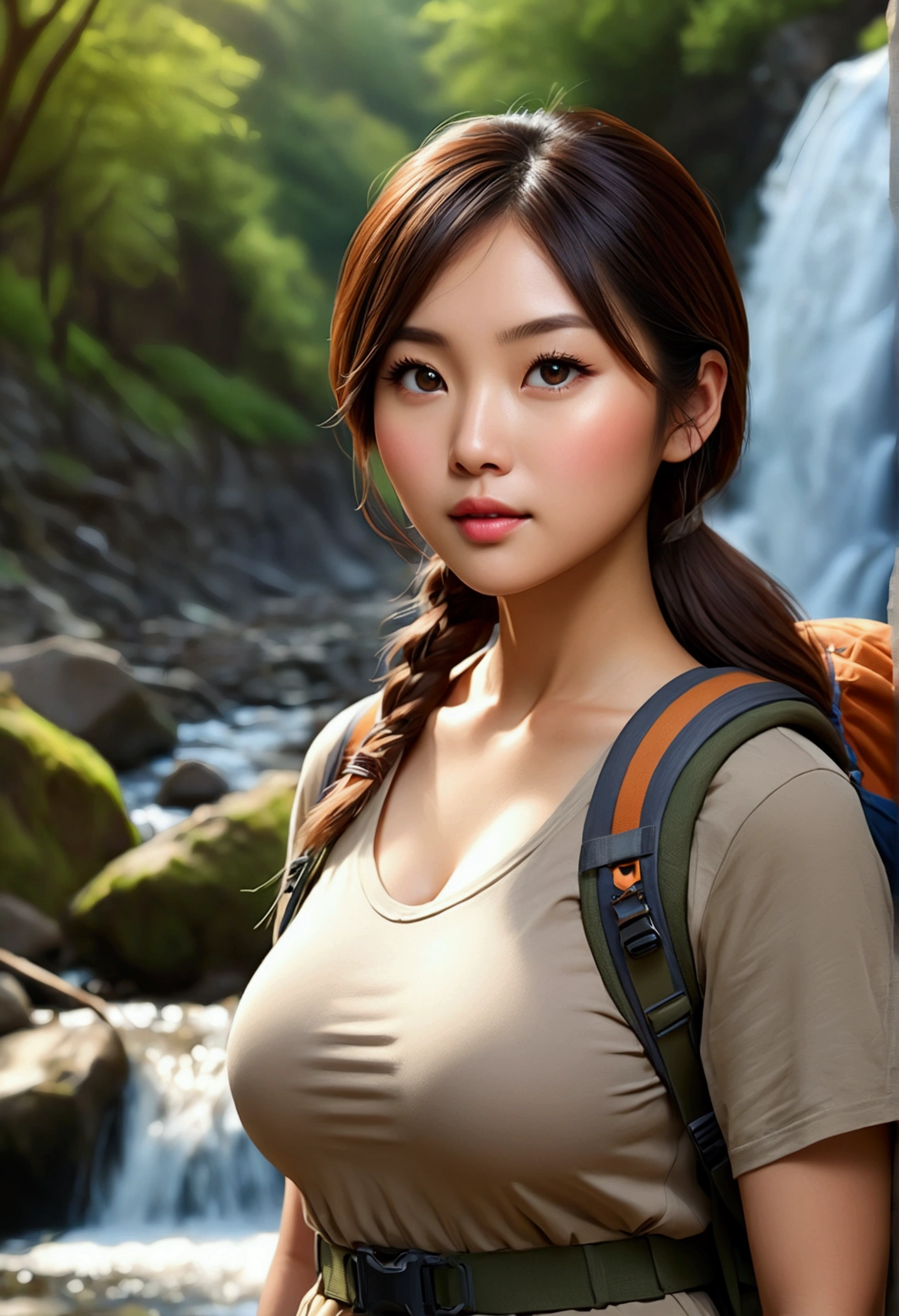 (beautiful young asian woman,beautiful woman with fair skin,woman with large breasts,woman in hiking gear,elderly man,elderly man as hunter,by a stream,beautiful waterfall,best quality,4k,8k,highres,masterpiece:1.2,ultra-detailed,realistic,photorealistic,photo-realistic:1.37,HDR,UHD,studio lighting,ultra-fine painting,sharp focus,physically-based rendering,extreme detail description,professional,vivid colors,bokeh,landscape,nature)