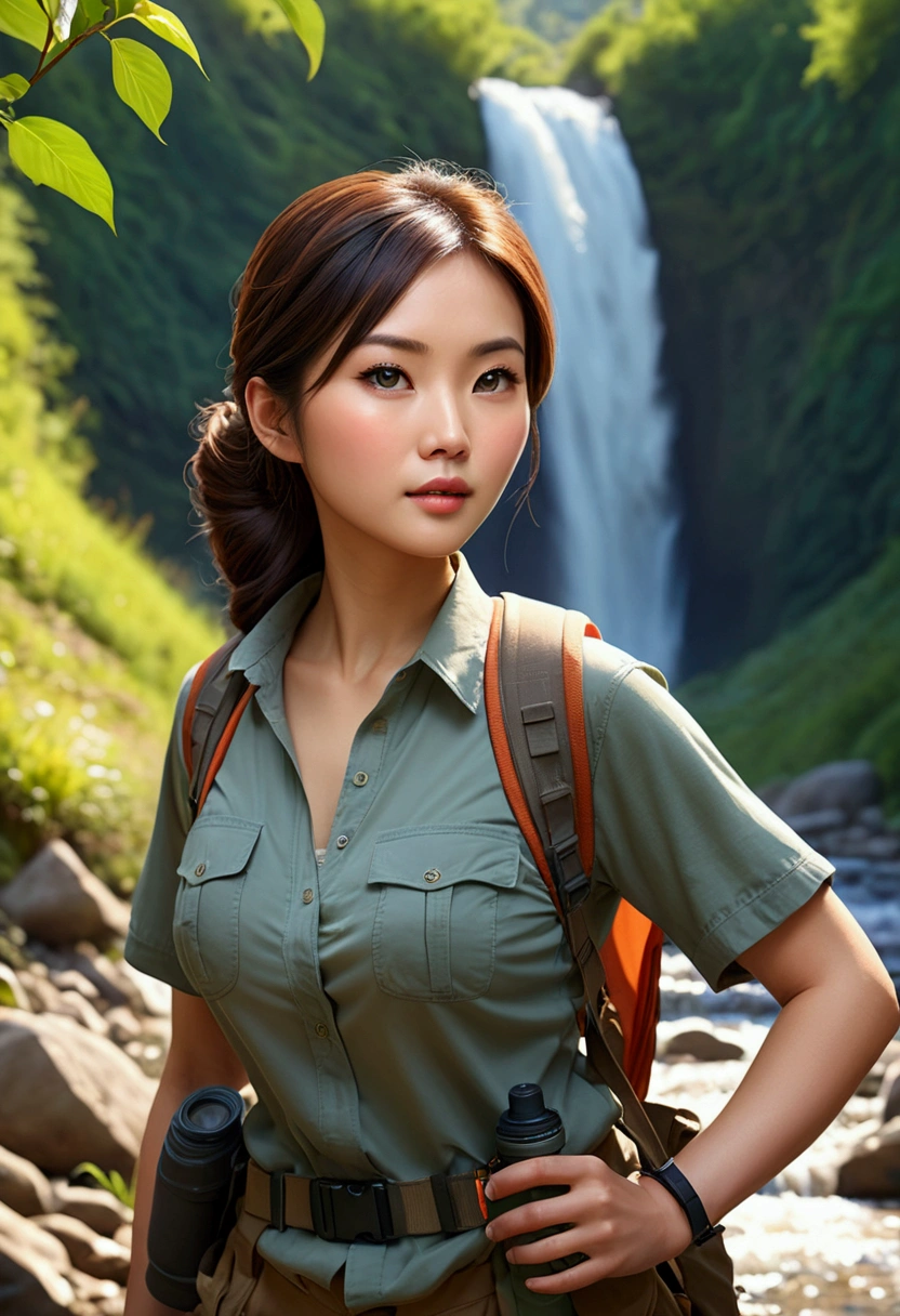 (beautiful young asian woman,beautiful woman with fair skin,woman with large breasts,woman in hiking gear,elderly man,elderly man as hunter,by a stream,beautiful waterfall,best quality,4k,8k,highres,masterpiece:1.2,ultra-detailed,realistic,photorealistic,photo-realistic:1.37,HDR,UHD,studio lighting,ultra-fine painting,sharp focus,physically-based rendering,extreme detail description,professional,vivid colors,bokeh,landscape,nature)