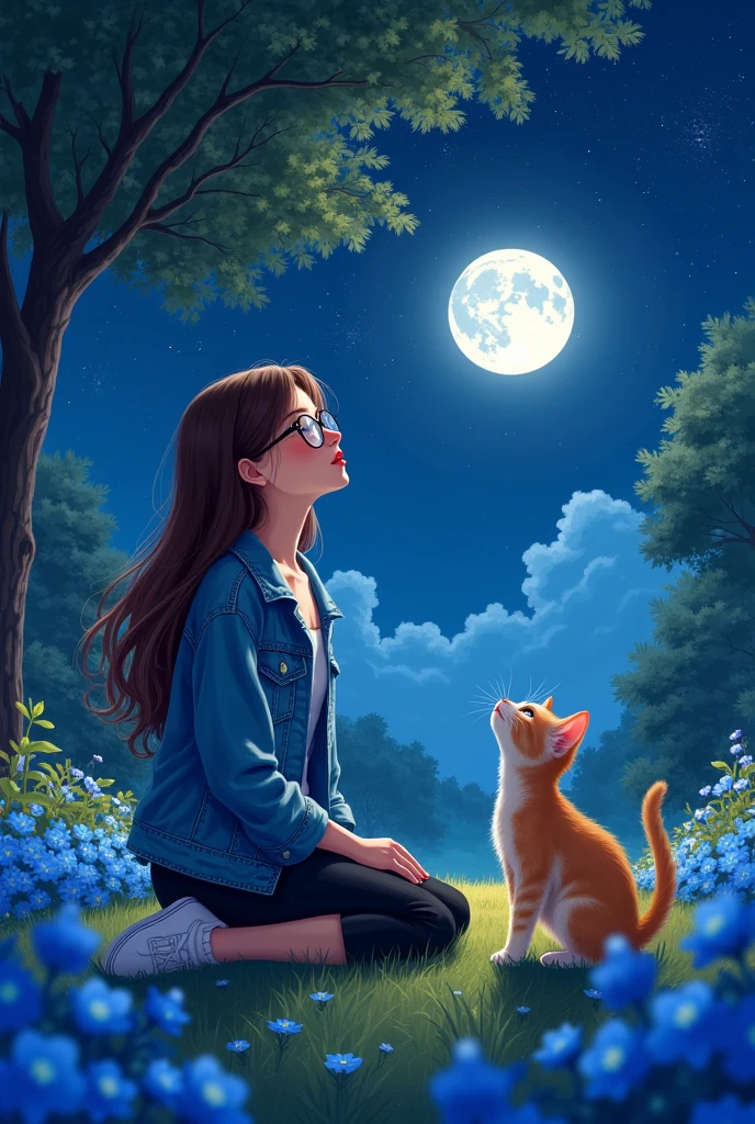 A girl with her kitten sitting beside her, long hair girl, brown, Black Prescription Glasses, with black pants, denim blue jacket, white blouse, Lara's shoe already white, skin fair, red lipgloss stick. They are looking at the starry sky in a very clean garden with blue flowers, with a beautiful tree in the reflection of the moon, The sky is full of stars and the moon is very bright 