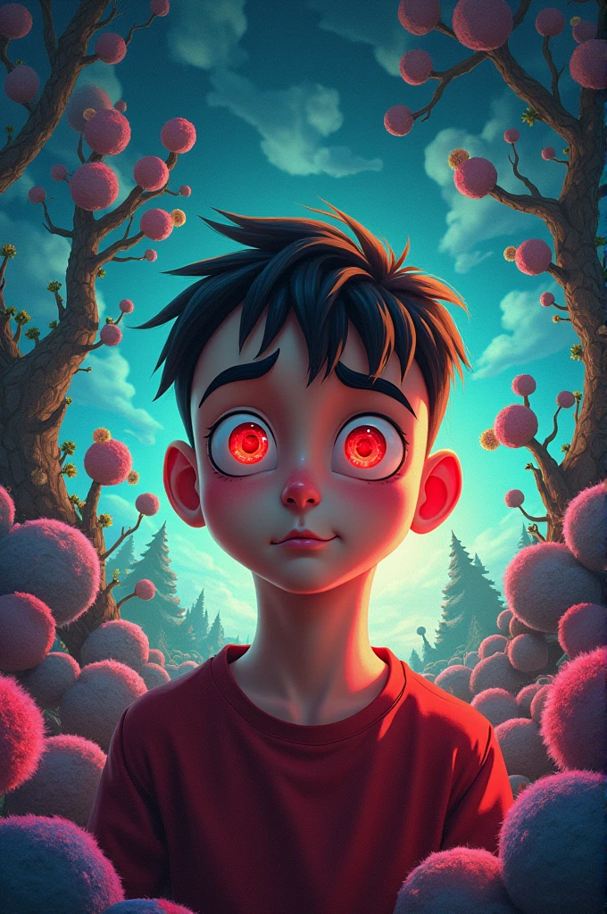  A Disney Pixar-Inspired movie poster with title “(Gustavo Lopes through drugs)”.“(young man with shaved dark hair and red eyes)”