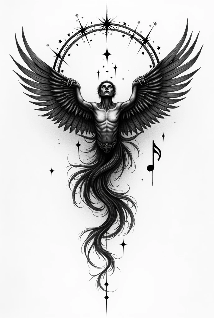 ray tattoo,music note G , and the phoenix star constellation , a black and white gothic and gore style