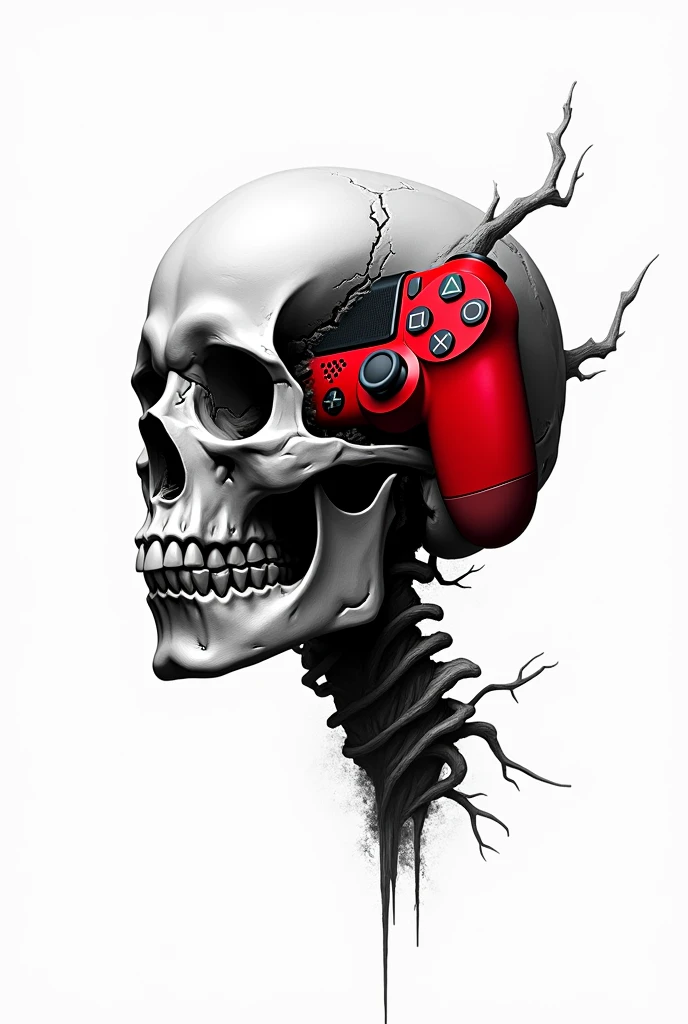 Drawing of a black and white skull with a white background featuring a red PlayStation controller breaking through the skull in the brain region.