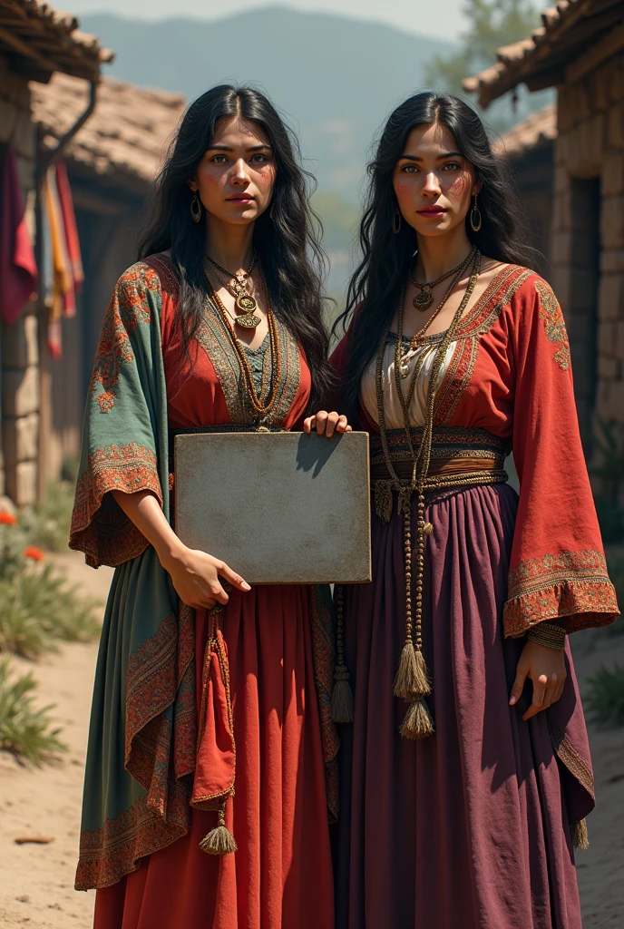 two gypsy women dressed in typical clothing, one of the women holds a gray sign saying: for sale