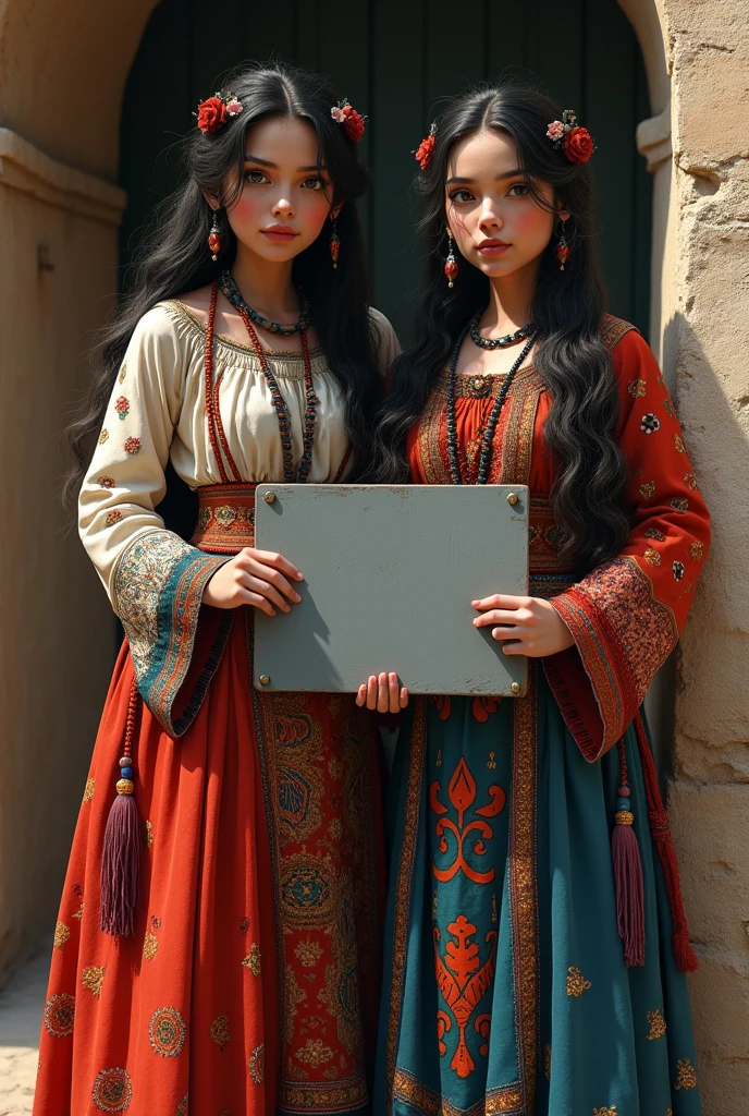 two gypsy women dressed in typical clothing, one of the women holds a gray sign saying: for sale
