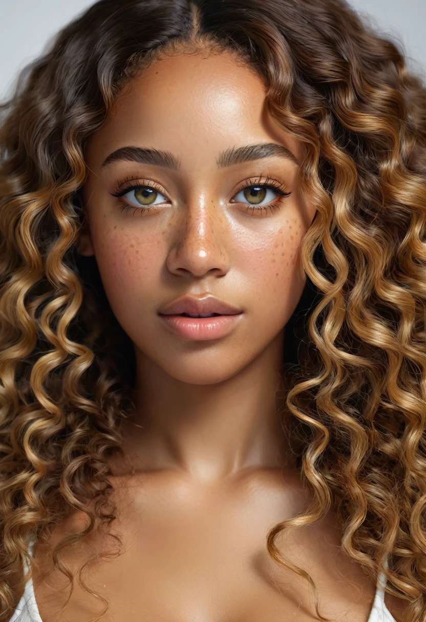 a beautiful black woman, freckles, long very curly blond hair, detailed perfect skin, beautiful almond clear yellow eyes, delicate nose and lips, Task of freckles, No double chin, height 170 cm, weight 75kg, realist, (Best Quality,4k,8k,High resolution,masterpiece:1.2),ultra detailed,(realist,photorealist,photo-realist:1.37),HdR,HD,studio lighting,Ultrafine paint,sharp focus,physically based rendering,extreme detailed description,professional,vivid colors,bokeh,portrait