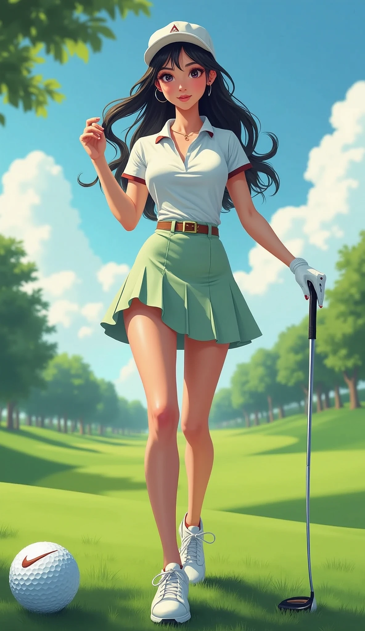 Make an Asian female model photo for a golf tournament poster, Full shot, The clothes are short skirts, sexy body, Make a golf ball in the background, nike golf shoes, accurate, high details, super detail, high quality, best quality, highres, masterpiece