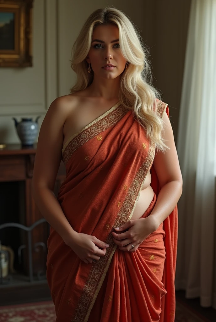 Score_9, score_8_up, score_7_up, source_anime, 1girl, solo, bbw, indoors, pale, mature female, milf, pussy, dress, wearing saree, green eyes, blonde hair with black nipples