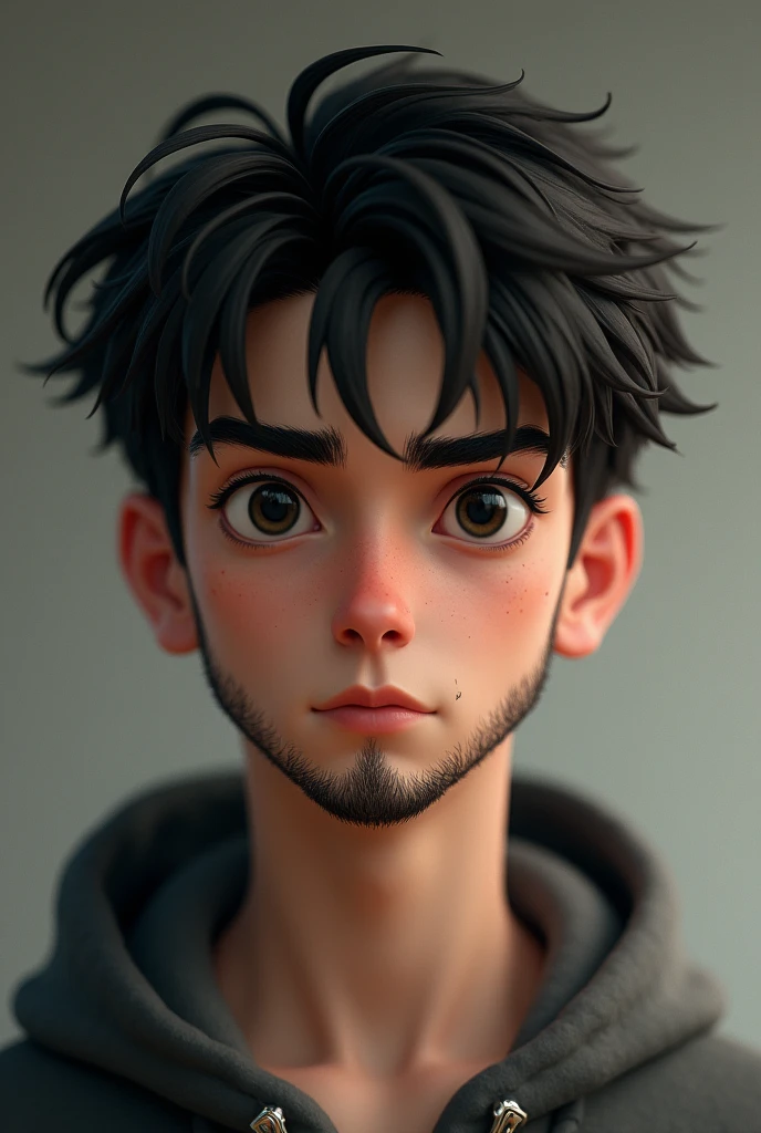 A boy with white skin tone... Little bit beard on his chin only... ager in 20... Black eyes... Little skinny... European.. black and short hair... He is always serious