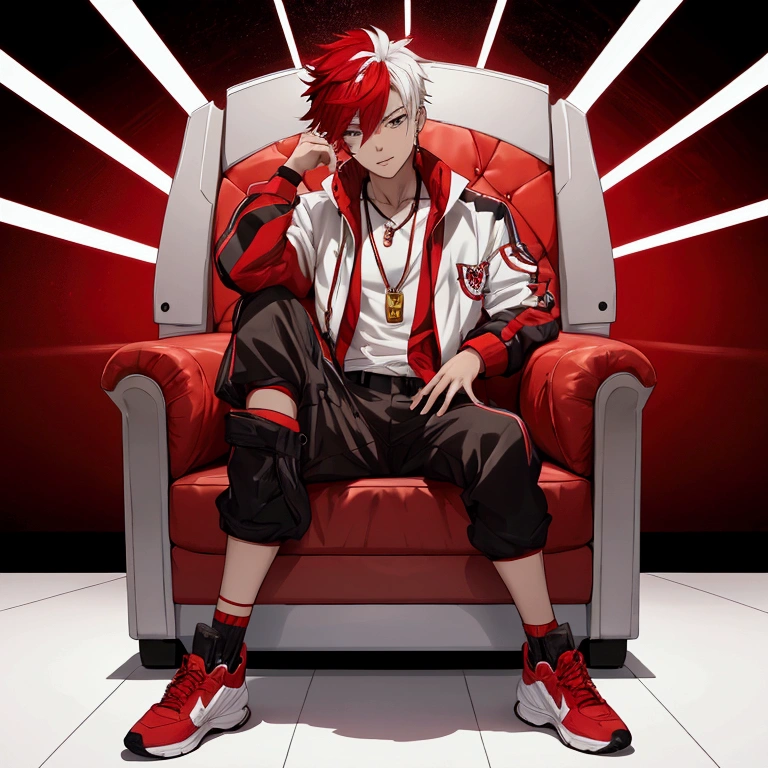 red&white hair, gradient eyes, tongue out, oral invitation, modern, anime, character chart, tachi-e, UHD, highres, best quality, young man, he prefers to wear sportswear-like clothing, with white and red hues predominating, Athletics. A pendant in the shape of an artillery can be worn around his neck, complementing his youthful and stylish image. His facial expression and posture may be a little tense, he himself looks short-tempered and aggressive, aggressive facial expression.Oscar winning, award winning movie stills, movie film stills, no legs, one is sitting on a chair, movie film stills, movie stills, movie movie stills, heartwarming, movie, shots from the movie, very moving, vtuber full body model, simple background