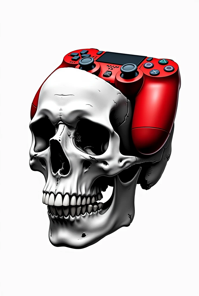 Drawing of a black and white skull with a white background featuring a red PlayStation controller breaking through the skull in the brain region.