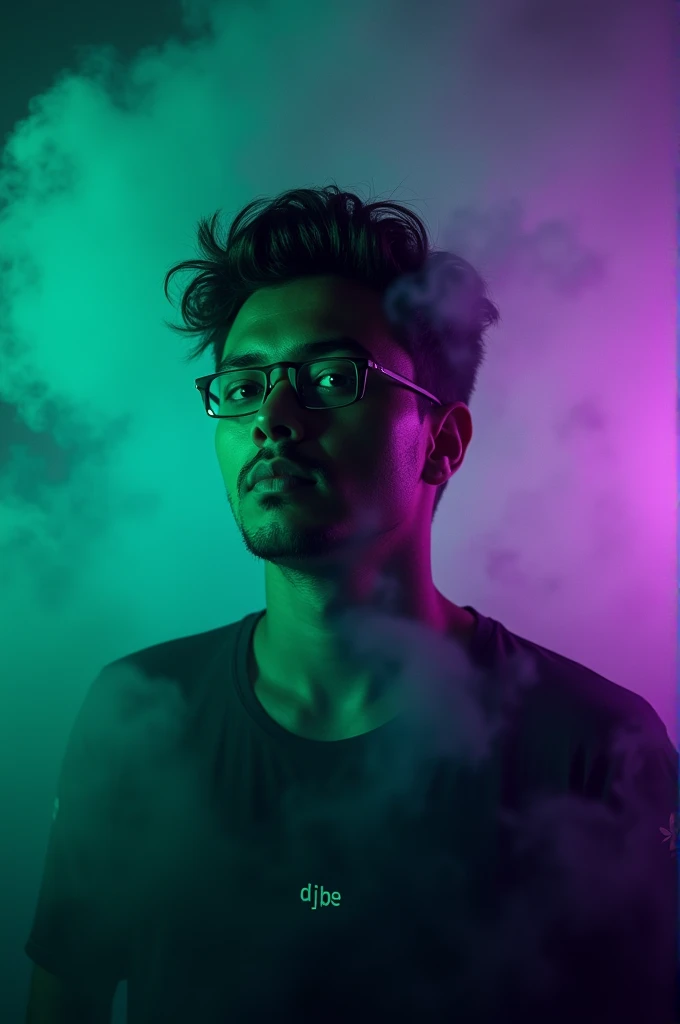 Take a profile picture of me with a black background with green and purple smoke with the name dj_lp8 in white in the center