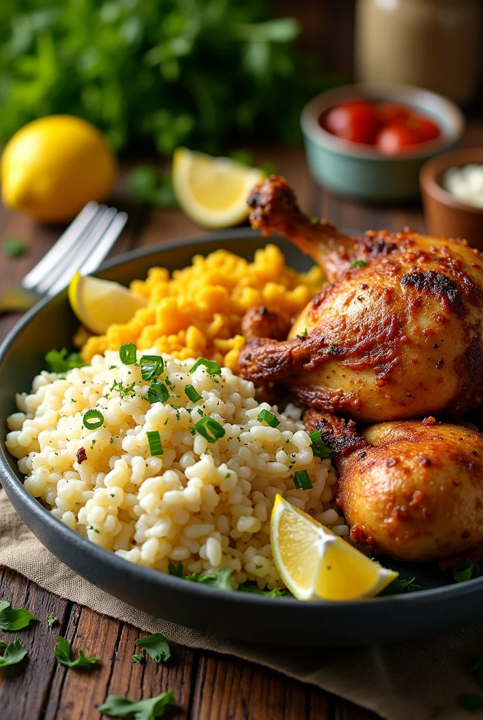 A dish with roasted chicken, rice, potato salad, farofa